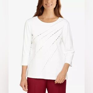 NWT Alfred Dunner Petite Women's Diagonal Heat Set Embellished Top Size PM